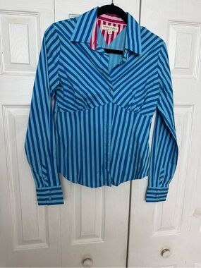Tommy Bahama Blue Striped Button Front Shirt with Pink Collar Detail